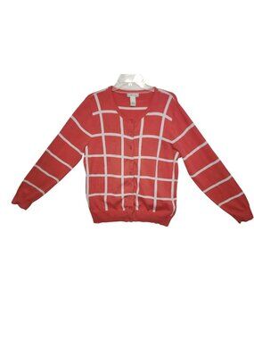 Orvis Womens XL Coral/White Grid Cardigan Cotton Button Front Sweater